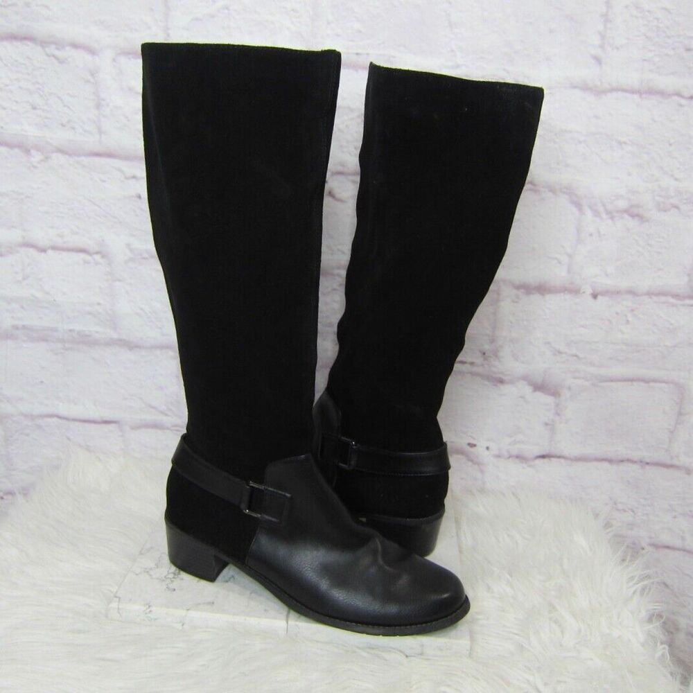 Aerosoles Black After Hours Riding Boots sz 10M Suede & Leather Extendable Calf